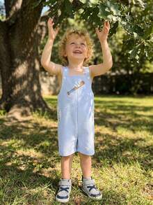 Toddler Boys Baseball Outfit Baseball Embroidery Sleeveless Tank Romper Suspender Jumpsuit Boys Summer Clothes - 藍色 - 查看 2