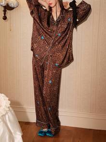 2pcs Disney Marie Cat Allover Print Cotton Long Sleeve Pajama Set, Brown Leopard Pattern, Suitable For Spring And Autumn - Brown - View 10