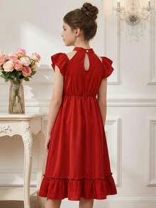 Girls' Fashionable Elegant Off-Shoulder Round Neck Ruffle Hem Mid-Length Dress - Red - View 3