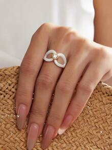 1枚18K镀金不锈钢心形陶瓷立方氧化锆戒指，女士珠宝，婚礼派对约会礼物 - 白色和金色 - 查看 1