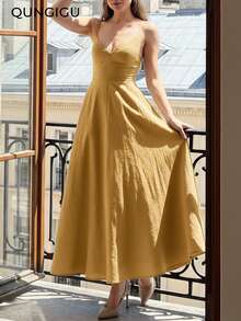 QUNGIGU Women's Elegant V-Neck Midi Dress, Linen Texture A-Line Slip Dress, Suitable For Summer Beach, Wedding, Party, Cocktail - Yellow - View 3
