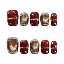 10Pcs Star Pattern Red Gold Glitter False Nails For Party Wedding And Daily Use - Burgundy - View 10