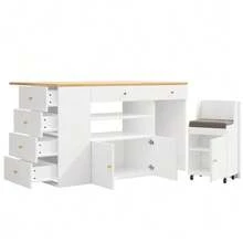 Kitchen Island, Sideboard With Bar Stools, Kitchen Cabinet With 6 Drawers & Stools, Width Adjustable 140*40(70)*89cm - White - View 11