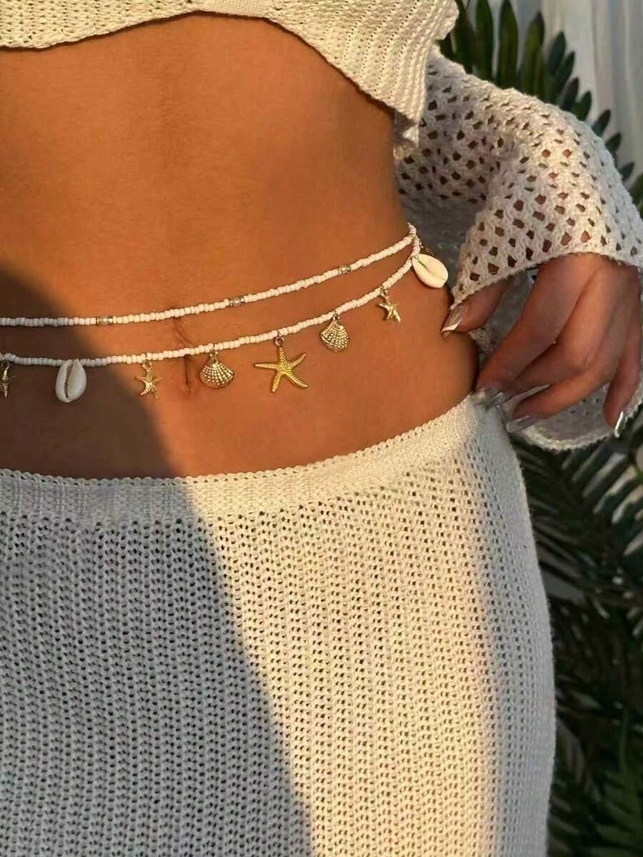 2pcs/Set Versatile Beach Starfish Shell & Pearl Waist Chain, Alloy Pendant Waist Chain, Ocean Style Waist Accessory, Summer Jewelry - Multicolor - View 1