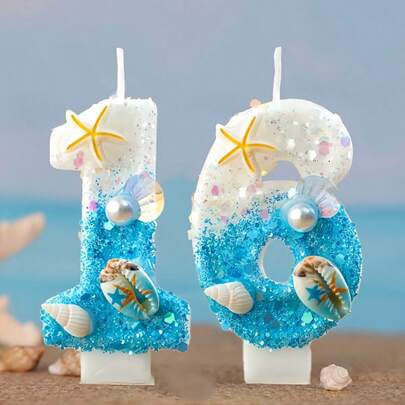 1支全新创意海洋主题数字生日蜡烛，饰以贝壳和海星，适用于生日、婚礼、派对、毕业典礼、周年纪念等场合。