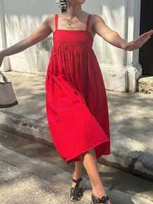 Red Spaghetti Strap A-Line Dress, Casual Vacation Wear, Spring/Summer - Red - View 5