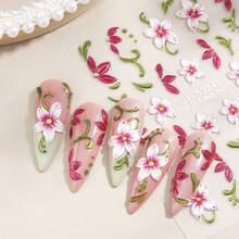 Pegatinas para uñas con diseño de flor de lirio 5D, decoración con líneas doradas, diseño francés degradado blanco y rosa, adecuado para entusiastas del arte de uñas, accesorio de uñas exquisito y lujoso, herramienta DIY para salón de uñas - Multicolor - Ver 7
