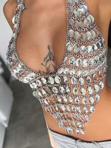 DEKUNER Áo croptop đính đá lấp lánh, áo bralette cổ chữ V sâu, thích hợp cho các bữa tiệc táo bạo ở câu lạc bộ, lễ hội âm nhạc, quà tặng sinh nhật. - Trắng trong suốt - Xem 2