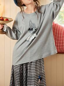 2pcs Disney Magic Mickey Mouse Cotton Plaid Long Sleeve Pajama Set For Women, Spring/Autumn - Grey - View 6