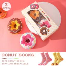 2 Pairs New Interesting Multi-Color Donut Mid-Calf Socks Gift Box, Spring/Summer New Unisex Sports Socks, Imaginative Food-Inspired Creative Design, Knitted Fabric, Long & Thick Soft & Comfortable, Perfect Gift For Birthday, Valentine's Day, Easter, Festival, Carnival, Dates, Parties, Holidays, Unique Quirky Abstract Daily Casual Wear Socks, Popular Food-Themed Outfit, Suitable For All Seasons, Great Gift For Couples, Friends, Vacation, Outdoor Sports, Gym, Home, Office, Etc. - Multicolor - View 9