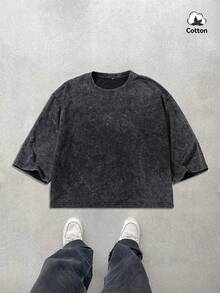 Hemo Men's Summer Street Style Graphic Square Box Short T-Shirt, Slightly Stretchy Washed Black Casual Everyday Wear Box Tee - Black - View 2