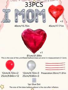 33 piezas Conjunto de decoración de globos para el Día de la Madre, globos de letra plateada de 16 pulgadas, globos de corazón rojo de 18 pulgadas y 32 pulgadas, globos de látex rojos y plateados, adecuado para fiesta del Día de la Madre, decoración de fiesta festiva - Multicolor - Ver 5