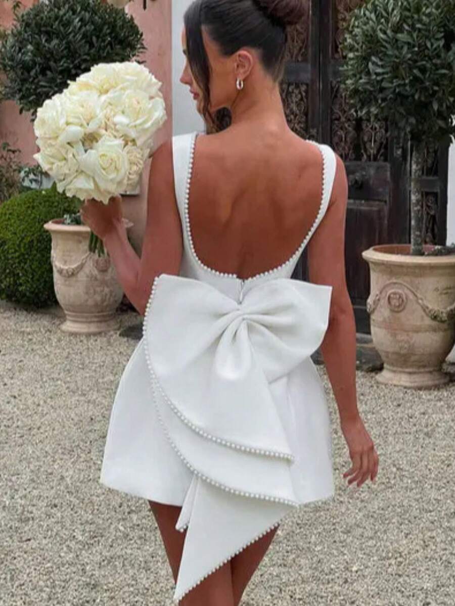 Women's New Summer Pearl Bow Fashionable Slim Short Skirt, Hot Girl Waist-Detached A-Line Solid Color Dress - trắng - Xem 1
