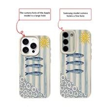 1pc TPU Material Summer Blue Striped Sunfish Print Phone Case, Compatible With IPhone 17 Pro Max/17/16 Pro Max/15/13/12/11, S20 FE/A15/S24/A55, Note 11/Note 12/Note 13 Pro, Full-Body Shockproof Soft Protective Cover - White - View 7