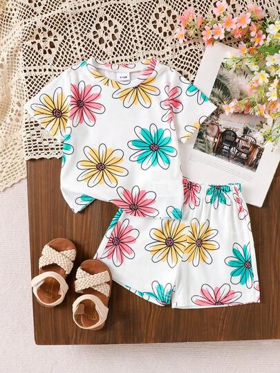 2pcs Baby Girls Casual Daisy Flower Print Short Sleeve Top And Elastic Waist Shorts Set, Summer