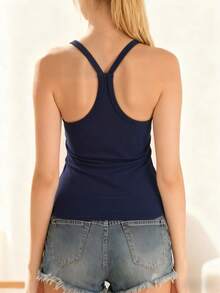 Women's Sleeveless Blue Racerback Tank Top With Padded Bra, Thin Stretchy Knit Camisole For Summer, Minimalist Sexy Style - Blue - View 3