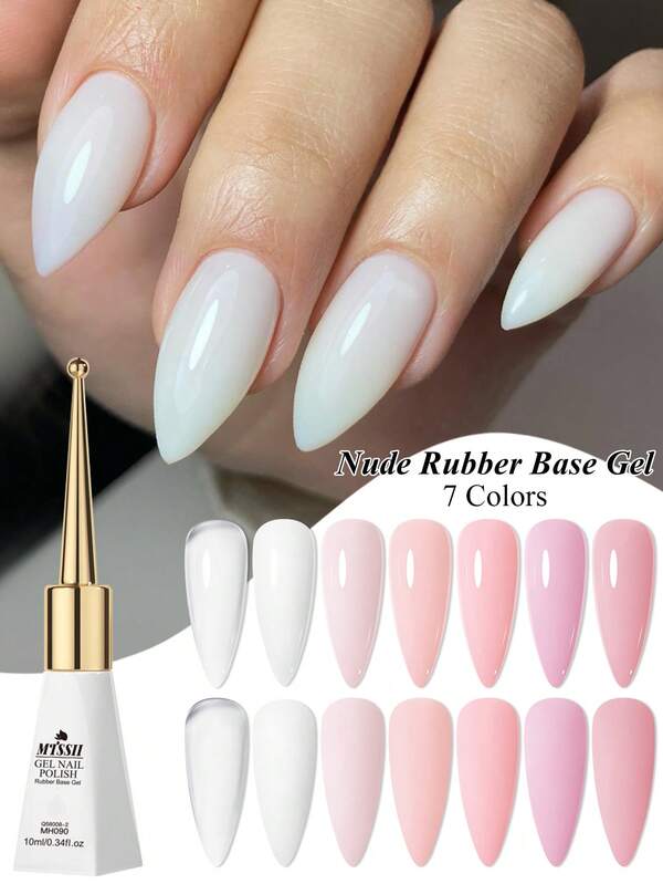 Mtssii Set de 7 piezas de 10ml de esmalte de uñas en gel de base de caucho de color rosa desnudo, kit de manicura de gel UV LED reforzado y removible, sin alcohol, con acabado brillante, para uso en el hogar y salón
