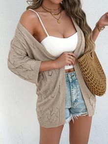 Elegant Open Front Hollow Out Ribbed Drop Shoulder Mid-Sleeve Women Knit Cardigan, Spring/Summer - Khaki - View 6