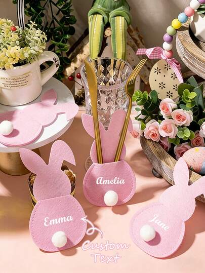 Porta-talheres personalizado em feltro com coelhinho da Páscoa (1 unidade). Design fofo de coelho, ideal para guardar facas e garfos. Perfeito para decoração de mesas de festa, restaurantes, salas de estar, quartos, escritórios e como presente de Páscoa.