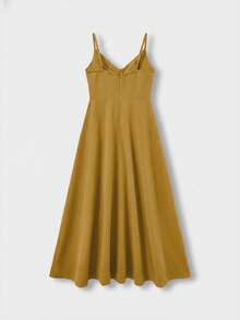 QUNGIGU Women's Elegant V-Neck Midi Dress, Linen Texture A-Line Slip Dress, Suitable For Summer Beach, Wedding, Party, Cocktail - Yellow - View 5