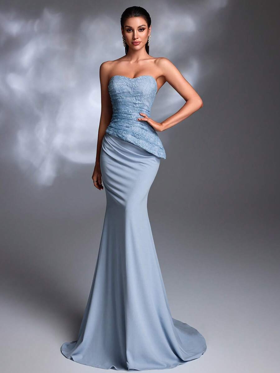 浅蓝色蕾丝刺绣无肩带褶皱系带鱼尾拖尾优雅晚礼服 - 湖藍色 - 查看 1