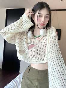 2026 Summer White Cutout Crochet Elegant Sweet Casual Street Y2K Long Bell Sleeve Crew Neck Hollow-Out Slim-Fit Crop Sweater, Perfect For Valentine's Day/Women's Day/Mother's Day/Casual Hangout/Beach Vacation/Party Gathering - Apricot - View 1