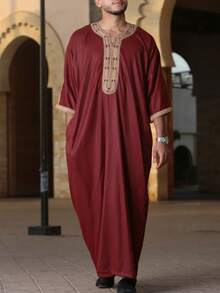 Men's Traditional Moroccan Gandoura Thobe For Men Abaya For Men Islamic Long Robe With Embroidery Pattern For Muslim Festival Eid Ramadan Daily Muslim Prayer Wear Arab Men Outfit Islamic Casual Clothing - Burgundy - View 1