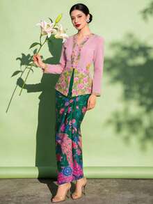 1 pieza Falda de Kebaya elegante con estampado floral para mujeres, falda verde (la parte superior no está incluida), primavera/verano - Verde - Ver 5