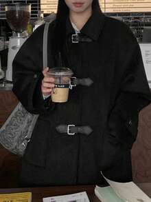 黑色 Polo 领羊毛混纺大衣，高品质女士外套，适合秋冬季穿着 - 黑色 - 查看 10