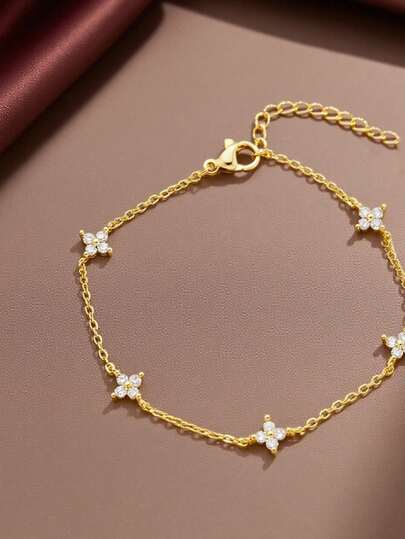 1件优雅复古水钻四叶草不锈钢手链，休闲日常佩戴礼物，斋月饰品