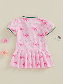 Vestido para niña pequeña de manga corta con cuello de solapa, estampado con tema de golf, corte en línea A y plisado - Rosa - Ver 7