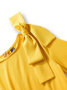 Elegant Midi Dress With Exaggerated Bow Accent, Short Sleeves, Round Neck, Waist Cinching, Pencil Skirt, High Slit, Flattering Silhouette, Comfortable Wear, Suitable For Workplace, Daily, Weddings, Parties, Office, Spring/Summer/Autumn - Yellow - View 10