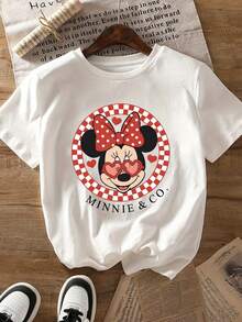 1pc Disney Minnie Mouse Tween Girls' Fun T-Shirt, Showcasing Adorable Heart Sunglasses Print, Comfortable & Easy To Care For Weekend Hangouts - 白色 - 查看 1