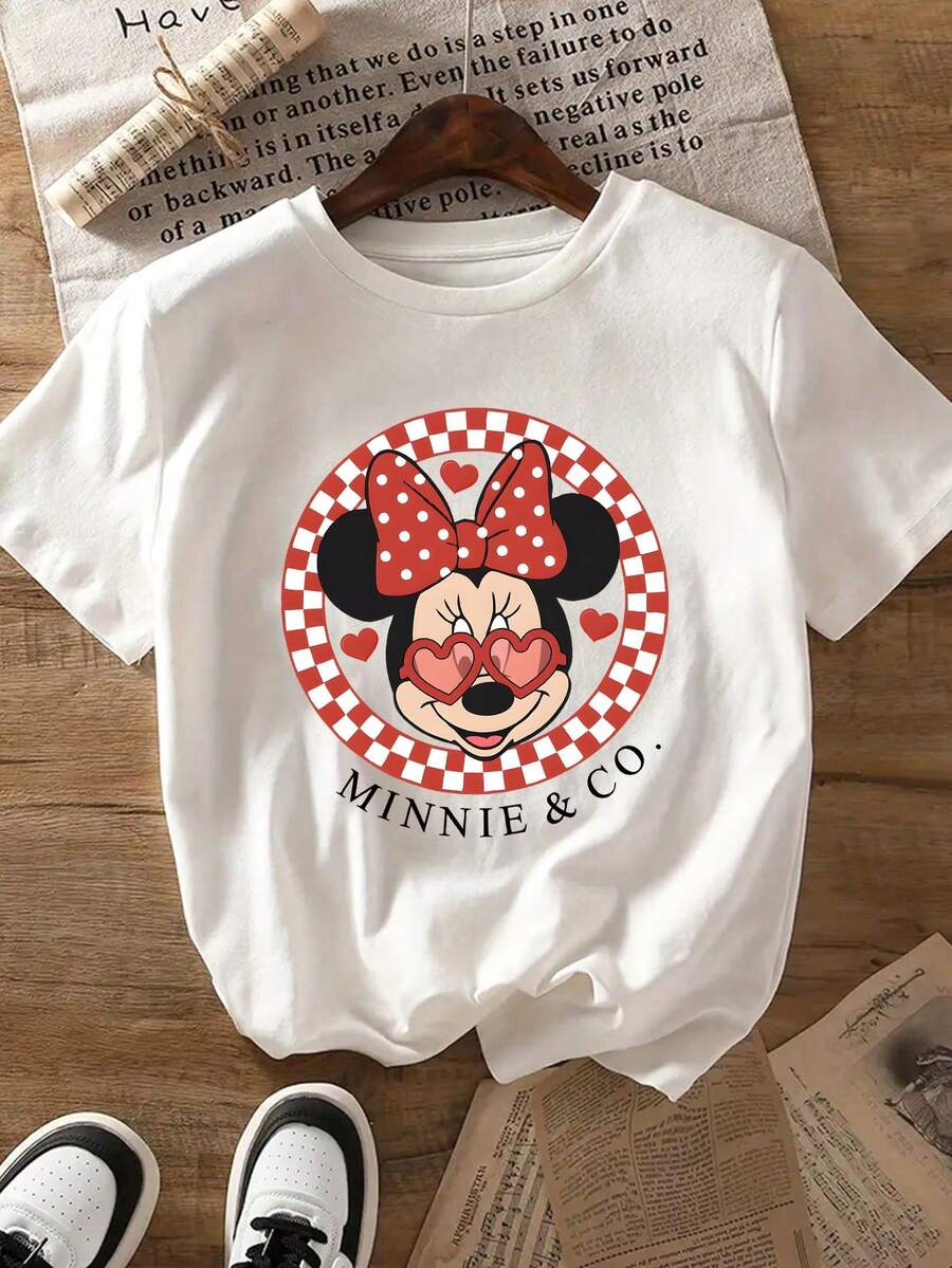 1pc Disney Minnie Mouse Tween Girls' Fun T-Shirt, Showcasing Adorable Heart Sunglasses Print, Comfortable & Easy To Care For Weekend Hangouts - 白色 - 查看 1