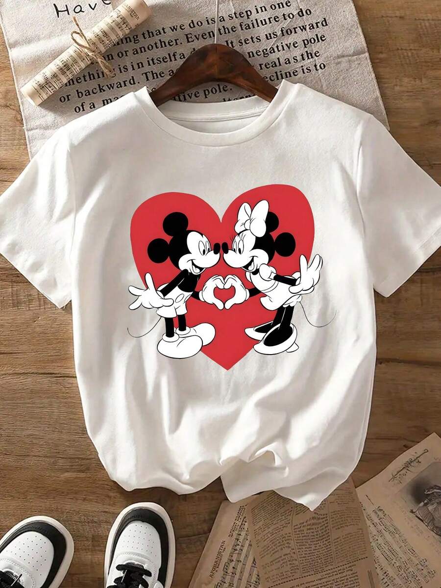1pc Disney Valentine's Day Mickey & Minnie Mouse Heart Gesture Graphic Tween Boys Casual T-Shirt, Soft & Breathable, Ideal For Daily Wear & Valentine's Day Outings - trắng - Xem 1