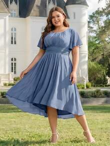 大码优雅雪纺圆领短袖高低摆伴娘礼服，高腰设计，适合春季婚礼 - 霧霾藍 - 查看 2