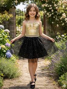 2pcs/Set Girls Summer Camisole Top And Star Mesh Skirt Set - Black - View 1