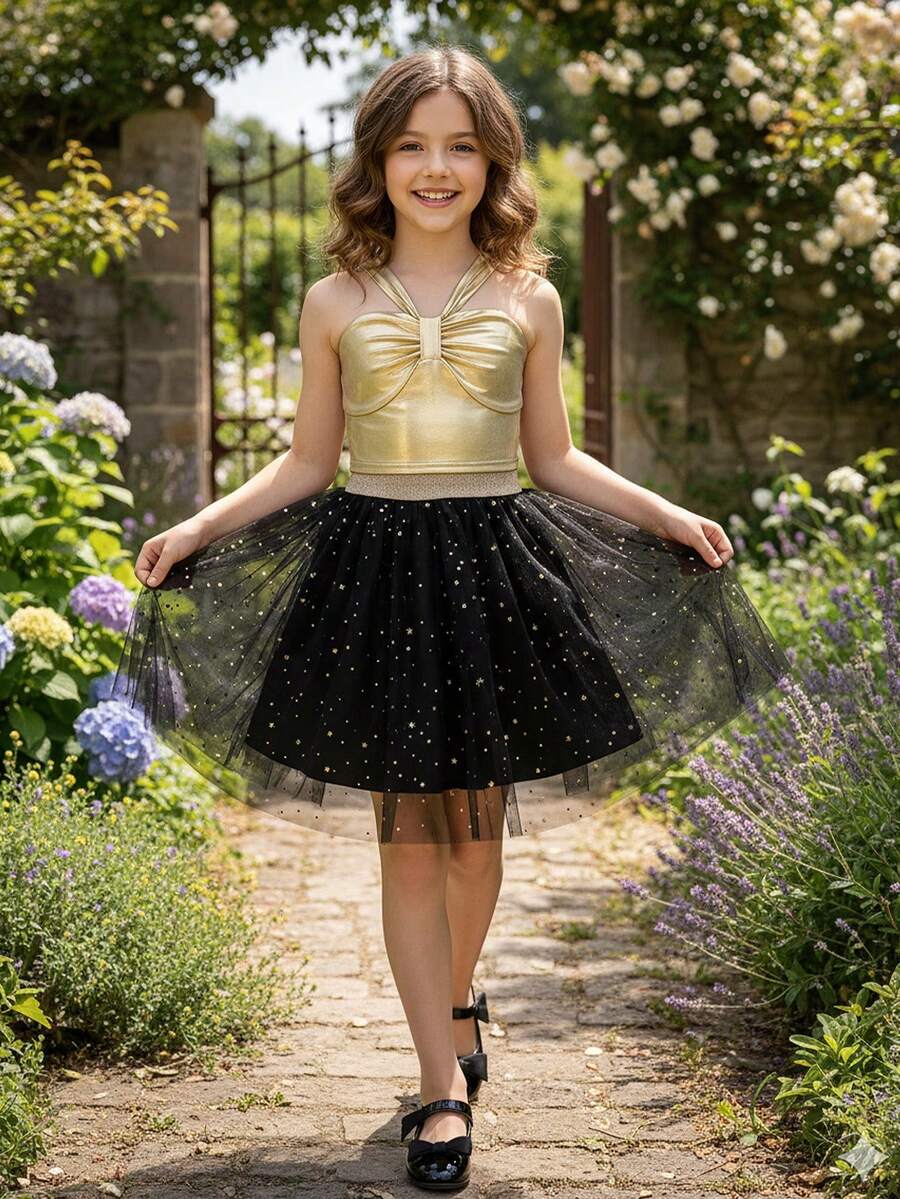 2pcs/Set Girls Summer Camisole Top And Star Mesh Skirt Set - Black - View 1