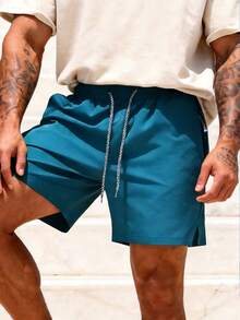 男士速干运动休闲短裤 - 时尚抽绳腰带和防丢拉链口袋，舒适透气，百搭款式 - 藍色 - 查看 3