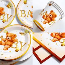 1 Conjunto de Pratos, Guardanapos e Copos Descartáveis com Balão Dourado e Urso de Pelúcia, Adequado para 10 Convidados, Suprimentos de Pratos de Papel Descartáveis para Festa de Aniversário, Casamento, Festa Temática, Piquenique Familiar - Multicolorido - Visão 3