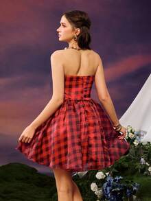 Faeriesty Women's Strapless Plaid Ruffle Asymmetric High-Low Hem Evening Gown & Mini Party Dress, Suitable For Balls, Holidays And Weddings - Red - View 3