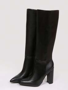 Dress Shoes Knee High Boots For Women Chunky Heel Pointed Toe Boots Side Zipper Long Boots - Black - View 8