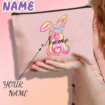Personalized Custom Cosmetic Bags, Easter Gift Bags, Available In Various Colors And Patterns, With Multiple Font Styles To Choose From, Customizable Easter Bunny Gift Bags With Names, Children's Easter Egg Hunt Gift Bags, Easter Gift Bags.