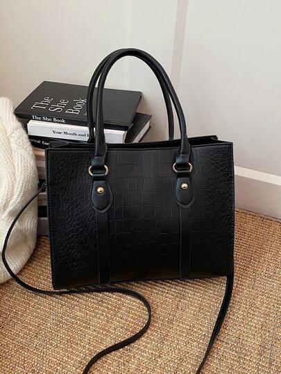 1pc Women's Solid Color Embroidered Crocodile Texture Soft Zipper Closure One Shoulder Tote Bag, Suitable For Shopping, Travel And Visiting Friends