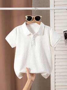 Tween Boy's Solid Color Short Sleeve Polo Shirt, Minimalist Textured Jacquard Design, Suitable For Spring/Summer, Suitable For Back To School, Casual, Sports, Gathering, Vacation, Performance - White - View 1
