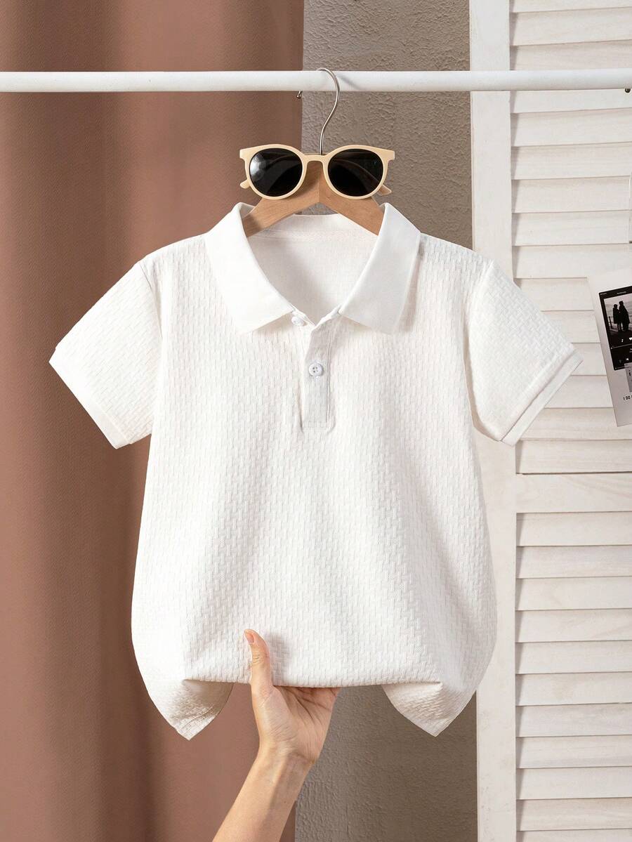 Tween Boy's Solid Color Short Sleeve Polo Shirt, Minimalist Textured Jacquard Design, Suitable For Spring/Summer, Suitable For Back To School, Casual, Sports, Gathering, Vacation, Performance - White - View 1