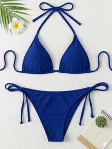 Bikini Set With String Bikini Bottom, Push-Up Effect, Tie Closure, Removable Padding, High-Stretch Fabric. - Royal Blue - View 2