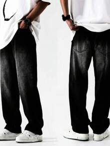 Men's Balloon Jeans, Straight Leg, 100% Cotton, Casual, Wide Leg, Vintage Style - đen trắng - Xem 9