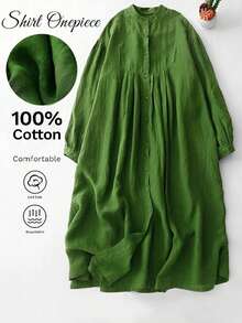 女士春秋季亚麻绿色七分袖睡袍，艺术复古风宽松休闲长款睡袍 - 淺綠色 - 查看 3