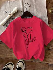 Tulip Pattern Design T-Shirt - Unisex Loose - Fit Comfortable Vintage Street - Style Cotton T-Shirt Top - 紅色 - 查看 1